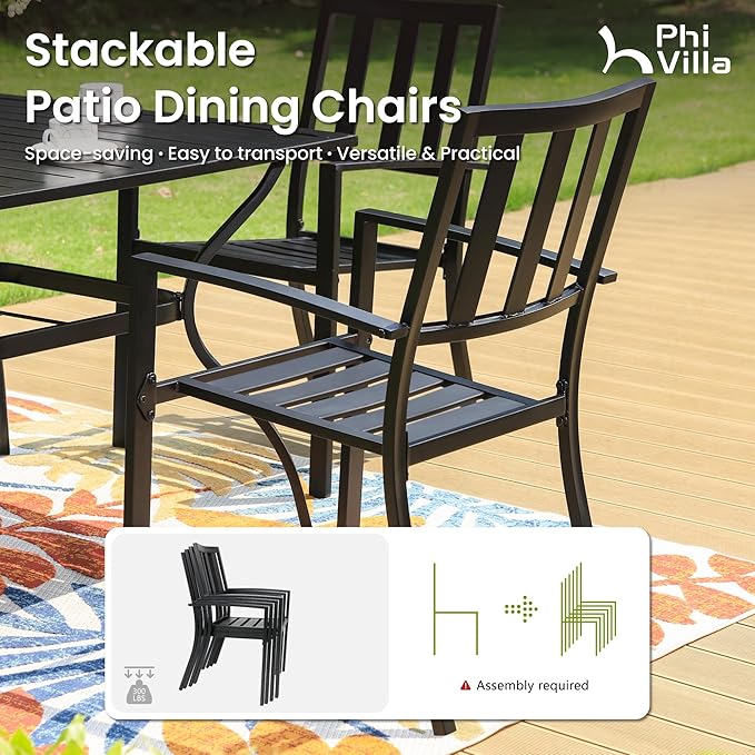 PHI VILLA 3 Piece Outdoor Bistro Set for 2, 22" Metal Steel Square Table with Umbrella Hole & Stacking Iron Chairs, Small Furniture Conversation Set for Porch, Deck, Balcony,Patio, Yard - Black