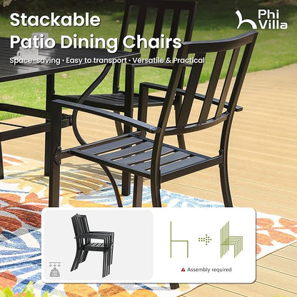 PHI VILLA 3 Piece Outdoor Bistro Set for 2, 22" Metal Steel Square Table with Umbrella Hole & Stacking Iron Chairs, Small Furniture Conversation Set for Porch, Deck, Balcony,Patio, Yard - Black
