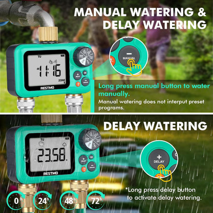 RESTMO Sprinkler Timer with Brass Inlet & Outlet, 3 Separate Programs Water Timer for Garden Hose, Manual/Rain Delay/Automatic Watering for Drip Irrigation and Lawn, 2 Outlet