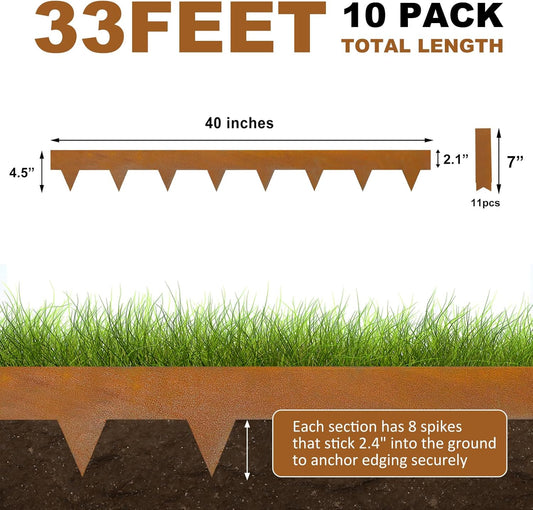 Hugeleaf 4.5 Inch Pre-Rusted Cor-Ten Steel Landscape Edging with 11 Pcs Metal Clips, Hammer-in Heavy Duty Metal Edging Pack of 10 (33 Feet Total Length) -Edge for Lawn Garden Yard
