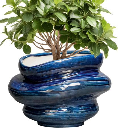 Ceramic Pots for Plants - 11 Inch Ceramic Planter with Drainage Hole, Decorative Planters for Indoor Outdoor, Unique Flower Pots, Garden Office House Decor, Birthday Housewarming Gifts, Blue