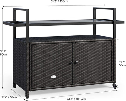 YITAHOME Large Outdoor Kitchen Wicker Island Rolling Cart, Patio Bar Table with Thickened Frame, Patio Storage Cabinet w/Wheels and Black Glass Table Top Backyard and Poolside Dark Brown