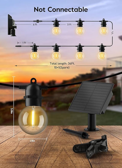Brightown Outdoor Solar String Lights 34FT - LED G40 Pro Globe Patio Energy Saving with 11 Shatterproof Bulbs, 3 Light Modes Waterproof Hanging Lights for Christmas Outside Garden Backyard Party Decor