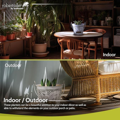 Headwind Vintage Collection - Floral Rustic White Planter with Handles – 8 Inch Medium Flower Pots Decorative Plant Indoor – Plant Pots Indoor with Drainage by Robert Allen