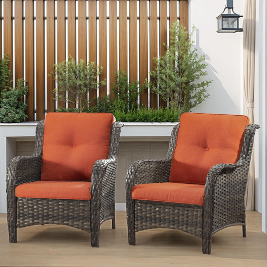 Patio Wicker Chairs Set of 2, Patio Rattan Dining Chairs with 3.5-inch Seat Cushions, High Back and Curved Armrest for Garden, Backyard, Balcony and Deck, Orange