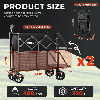 Double Decker Wagon 320L Large Capacity 400LBS Collapsible Sports Utility Cart with Big Wheels,Double Extended Tailgate Heavy Duty Folding Wagon Cart for Groceries,Camping,Beach,Garden,Outdoor