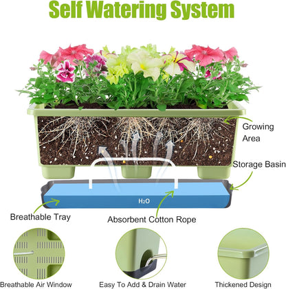 Window Box Planter 8 Pcs, 17 Inches Rectangle Flower Pots with Drainage Holes and Trays, Vegetable Planters for Windowsill Patio Garden Balcony Home Porch Yard Indoor Outdoor (Light Green)