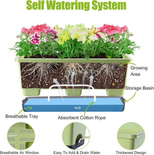 Window Box Planter 8 Pcs, 17 Inches Rectangle Flower Pots with Drainage Holes and Trays, Vegetable Planters for Windowsill Patio Garden Balcony Home Porch Yard Indoor Outdoor (Light Green)