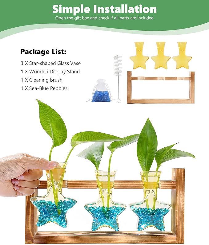 Nacome Star Glass Propagation Stations: Plant Terrarium with Wooden Stand Vase for Home Office Desk Decor, Unique Gifts for Plant Lovers Women Mom (Yellow)