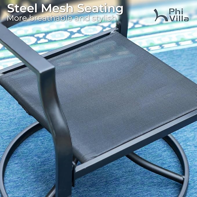 PHI VILLA 3 Piece Outdoor Bistro Set for 2, 22" Wrought Iron Square Table with Umbrella Hole & Swivel Metal Chairs, Small Furniture Conversation Set for Porch, Deck, Balcony, Patio, Yard - Black