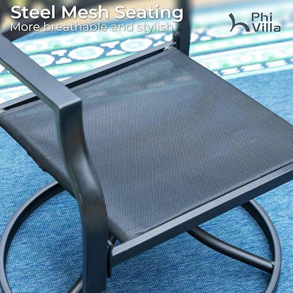 PHI VILLA 3 Piece Outdoor Bistro Set for 2, 22" Wrought Iron Square Table with Umbrella Hole & Swivel Metal Chairs, Small Furniture Conversation Set for Porch, Deck, Balcony, Patio, Yard - Black