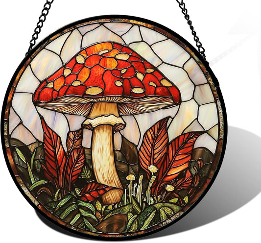 Stained Glass Window Hanging, Big Red Mushroom Suncatcher for Doors Home Sun Catchers Decoration and Christmas, Mother's Day Birthday Gifts for Women, Men, and Mom 11.8x11.8 in