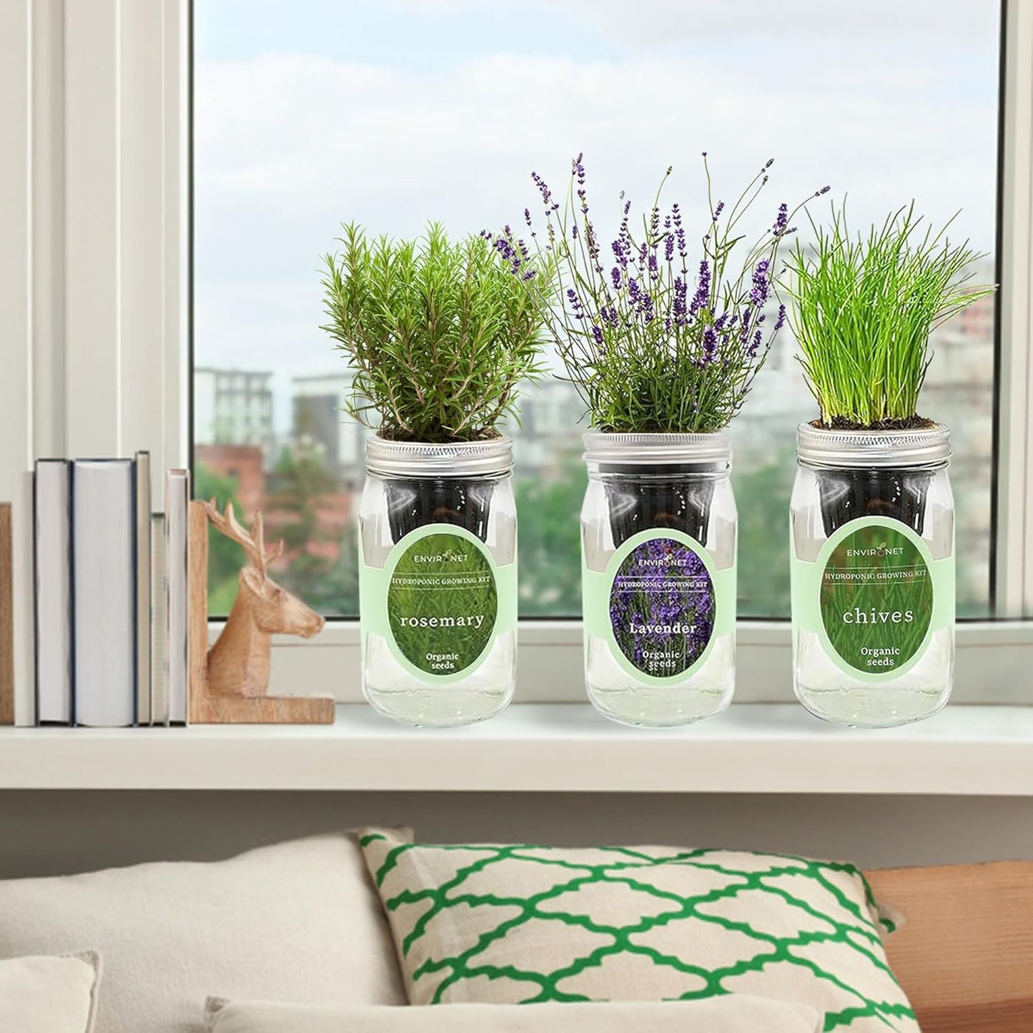 Hydroponic Herb Growing Kit Set, Self-Watering Mason Jar Herb Garden Starter Kit Indoor, Grow Your Own Herbs from Seeds (Lavender, Rosemary & Chives)