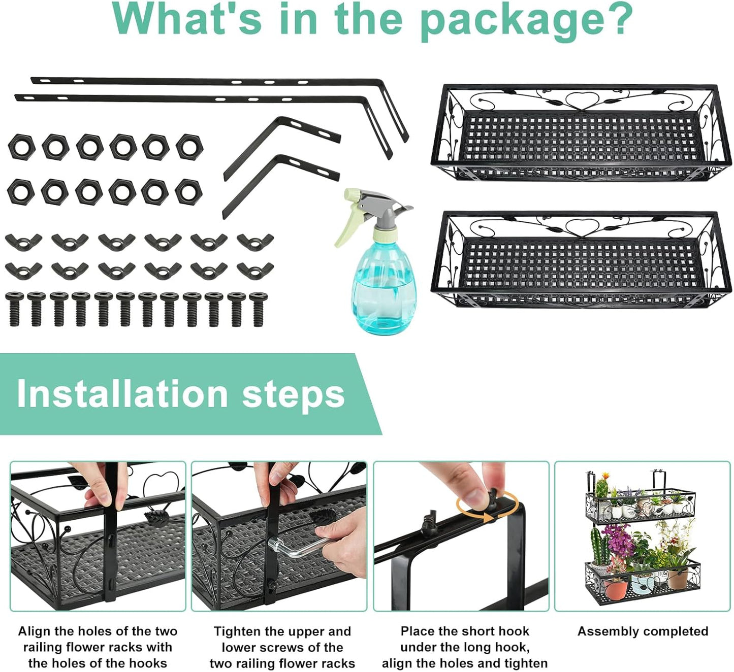 2-Tier Outdoor Flower Pot Stand Rack, Balcony Patio Railing Hanging Shelf Basket,Iron Height Adjustable Hanging Plants Container Holder with 1pc Spray Bottle for Yard Fence Garden Decor,Black