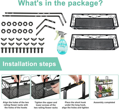 2-Tier Outdoor Flower Pot Stand Rack, Balcony Patio Railing Hanging Shelf Basket,Iron Height Adjustable Hanging Plants Container Holder with 1pc Spray Bottle for Yard Fence Garden Decor,Black
