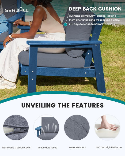 SERWALL HDPE Patio Furniture Set with 15FT Double Side Patio Umbrella, All Weather Wood-Like Outdoor Sofa Sectional Couch, Blue Patio Furniture with Grey Cushions