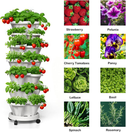 7 Tiered Strawberry Planters 3 Pack, Vertical Stackable Planter, Herb Stacking Tower Garden, Flower and Vegetable Planters with Support Pole Indoor and Outdoor with Removable Wheels Dark Grey