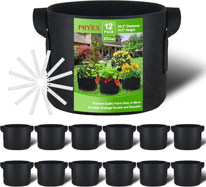 PHYEX 12-Pack 20 Gallon Grow Bags, Heavy Duty Fabric Pots with Handles, Reusable Plant Bags for Vegetable, Herbs & Flowers, BPA-Free, Breathable, Durable