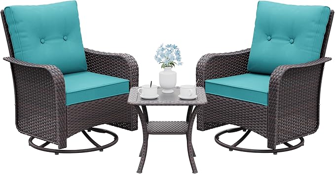 Gotland Outdoor Swivel Chairs Set of 2, 3 Pieces Patio Furniture Set with Thick Cushion, Wicker Rocking Patio Chairs Set of 2, Patio Bistro Set with Double-Layer Coffee Table for Balcony Porch Blue