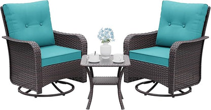 Gotland Outdoor Swivel Chairs Set of 2, 3 Pieces Patio Furniture Set with Thick Cushion, Wicker Rocking Patio Chairs Set of 2, Patio Bistro Set with Double-Layer Coffee Table for Balcony Porch Blue
