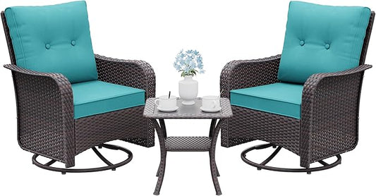 Gotland Outdoor Swivel Chairs Set of 2, 3 Pieces Patio Furniture Set with Thick Cushion, Wicker Rocking Patio Chairs Set of 2, Patio Bistro Set with Double-Layer Coffee Table for Balcony Porch Blue