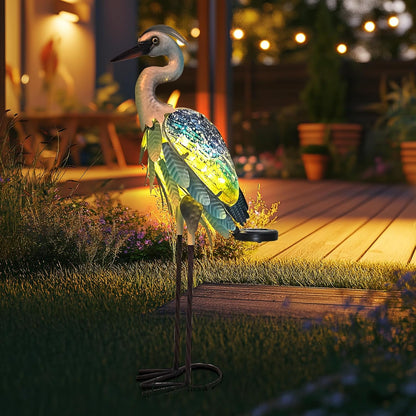 HONGLAND Solar Heron Metal Crane Statue Garden Heron Sculpture, Glass Outdoor Crane Yard Art Coastal Ocean Bird Decor 24 Inch Lawn Ornament for Backyard Porch Patio Decor（Green）