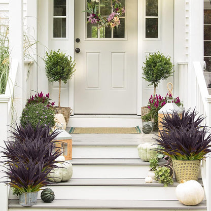 16Pcs Artificial Grass Fake Grass Plants 17.3in Outdoor Plants UV Resistant Faux Greenery Stems for Home Window Garden Patio Pathway Front Porch Halloween Décor Light Green & Purple