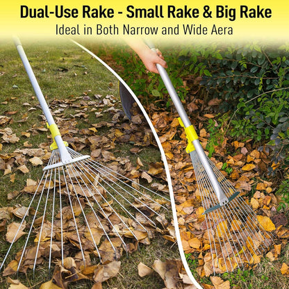 JARDINEER Adjustable Rakes for Leaves, Larger Garden Leaf Rake for Lawns Grass with 7-23" Expandable Head, Yard Collapsible Rake for Camping (64 inches)