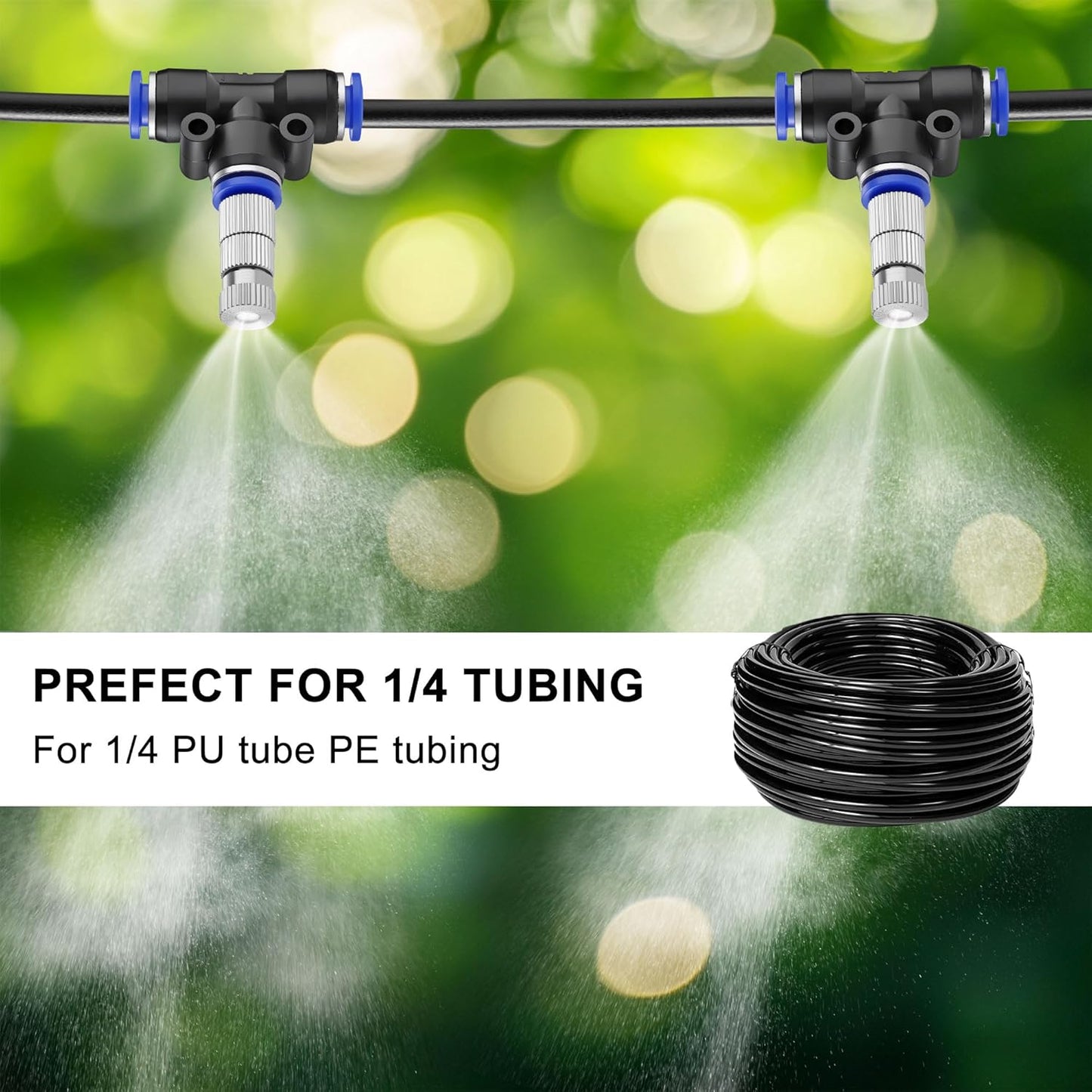 Mornajina 20 Pcs Brass Misting Nozzles Mister Replacement Nozzles with Filter Mesh & 1/4" Water Misting Nozzle Tees Kit, 0.012"/0.3mm Orifice Misting System Heads Sprayer for Outdoor Cooling System,