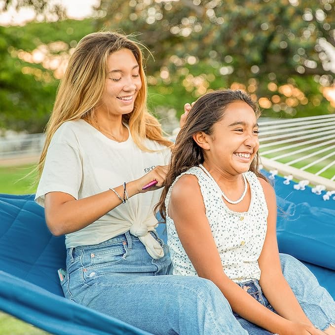 ANOW Quilted Hammock with Spreader Bars and Detachable Pillow, Large Hammock for Outdoors Indoors, 450 LBS Weight Capacity, Blue