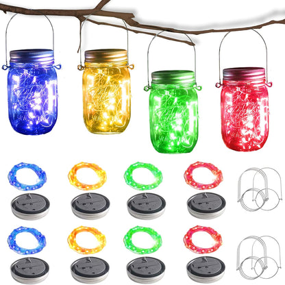 Solar Mason Jar Lights [Updated], 8 Pack 20 LED Waterproof Fairy Firefly Jar Lids String Lights with Hangers(NO Jars), Patio Yard Garden Wedding Decoration - Multi-Colored