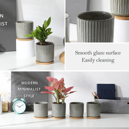 TAMAYKIM 4 Inch Cylinder Ceramic Plant Pots with Drainage Holes & Saucers, Glazed Green Grey Small Boho Planters with Trays for Indoor Flower, Snake Plants, Succulent, Cactus, Set of 4