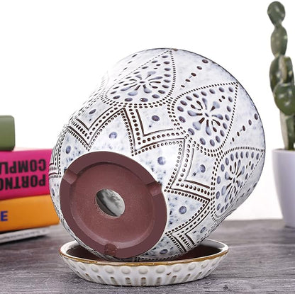 VanEnjoy 5.9 inch Round Bohemian Style Ceramic Planter, Geometry Engrave Off White Brown Succulent Planter Flower Pot, Indoor Outdoor Decorative Planter