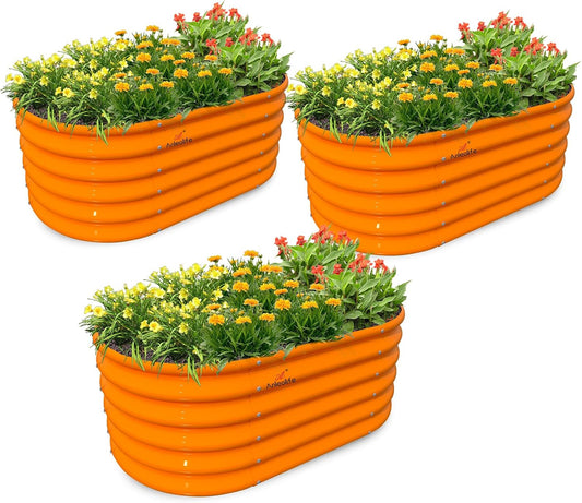 A ANLEOLIFE Kids Raised Garden Beds Outdoor (3-Pack)-40x24x18in Oval Round Galvanized Metal Planter Box for Planting Vegetables, Flowers, Fruits, Eco-Safe & Easy Setup, Peach Orange