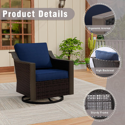 3 Piece Wicker Patio Conversation Set, All-Weather Use Outdoor Wicker Sofa with 2 PE Rattan Swivel Chair, Removable Water-Resistant Cushion, Ideal for Porch, Backyard, Balcony, Poolside, Blue