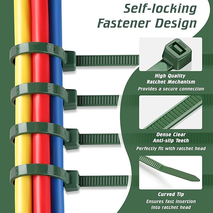 8 Inch PA66 Green Zip Ties 200 Pcs, 45 Lbs Tensile Strength Plastic Wire Ties with 3.6mm Wide, Premium Self-locking Nylon Cable Ties Decoration Tie Wraps for Outdoor Indoor Gardening Grid Wall