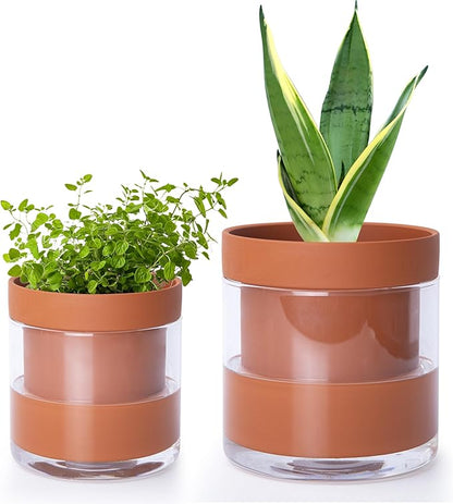 Phoenix Vine 4 Inch 6 Inch Self Watering Planter Pots, Terracotta Clay Pots with Glass Reservoir for Indoor Plants, Herbs, Flowers, 52-A-G-46