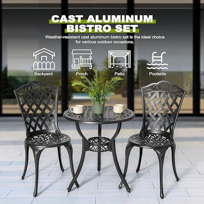 NUU GARDEN 3 Piece Outdoor Bistro Table Set, All Weather Cast Aluminum Patio Bistro Sets Patio Table and Chairs Set of 2 with Umbrella Hole for Yard, Garden, Balcony, Black