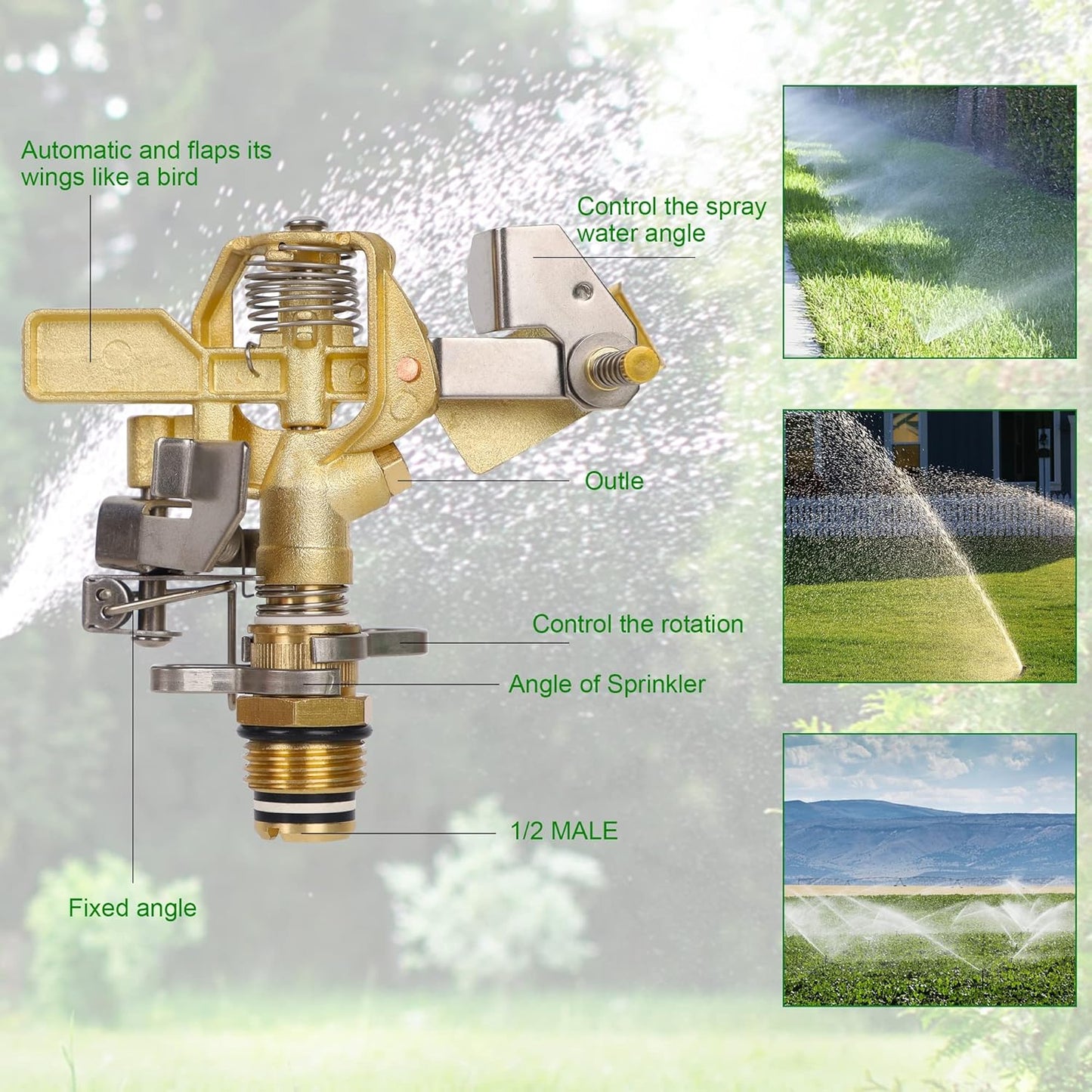 Biswing 1/2 Inch Brass Impact Sprinkler 2 Pack, Heavy Duty Lawn Sprinkler Head with Nozzles, Adjustable 20-360 Degree Large Coverage Pattern, Watering Sprinkler for Grass Patio Garden Irrigation
