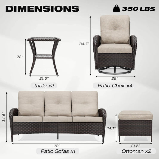 Joyside 9 Piece Patio Furniture Set, Outdoor Wicker Conversation Sets with Swivel Rocker Chairs and Sofa, Thick Cushion, Rattan Patio Sectional for Porch, Deck Use (Brown/Beige, 9 PCS)