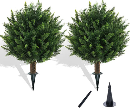 21" Artificial Cypress Topiary Outdoor Plants with Spike, 2 Pack Faux Cedar Bushes UV Resistant Fake Shrubs for Front Porch Décor