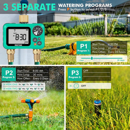 RESTMO Sprinkler Timer with Brass Inlet & Outlet, 3 Separate Programs Water Timer for Garden Hose, Manual/Rain Delay/Automatic Watering for Drip Irrigation and Lawn, 2 Outlet