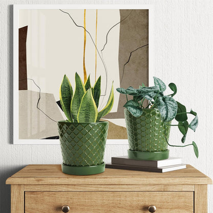 EFISPSS Ceramic Plant Pots, 5 Inch Planters with Drainage Holes and Ceramic Tray, Relief Design Flower Planter, Desktop Office Windowsill Decoration Gift Set of 4 - Blackish Green