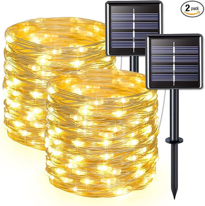JMEXSUSS 2 Pack Solar String Lights Outdoor Waterproof, Each 33FT 100 LED Warm White Christmas Lights, Waterproof 8 Modes Copper Wire Solar Fairy Light for Outside Patio Tree Yard Garden Decorations