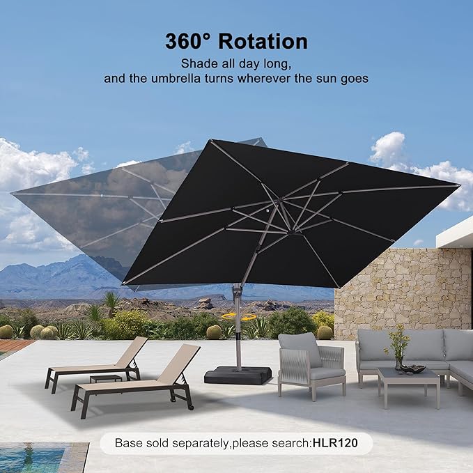 PURPLE LEAF 10' X 13' Patio Umbrella, Rectangle Outdoor Cantilever Umbrella, Aluminum Offset Umbrella with Champagne Frame and 360° Rotation for Pool Deck Garden, Black