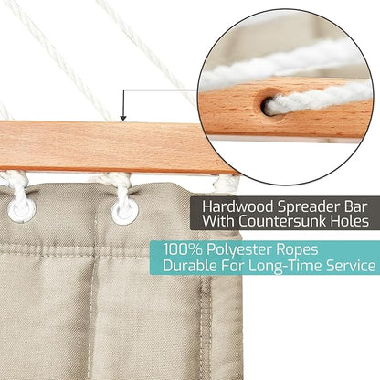 Double Quilted Fabric Hammock with Hardwood Spreader Bars and Pillow 450 LBS Capacity 2 Person Large Hammock for Outdoor Patio Backyard Poolside - Tan