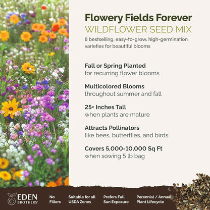 Eden Brothers Flowery Fields Forever Flower Mixed Seeds for Planting, 5 lb, 2,400,000+ Seeds with Cornflower, Candytuft | Attracts Pollinators, Plant in Spring or Fall, Zones 3, 4, 5, 6, 7, 8, 9, 10