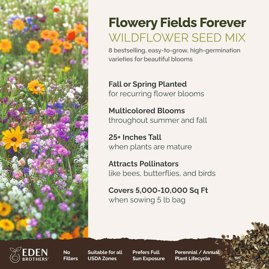 Eden Brothers Flowery Fields Forever Flower Mixed Seeds for Planting, 5 lb, 2,400,000+ Seeds with Cornflower, Candytuft | Attracts Pollinators, Plant in Spring or Fall, Zones 3, 4, 5, 6, 7, 8, 9, 10