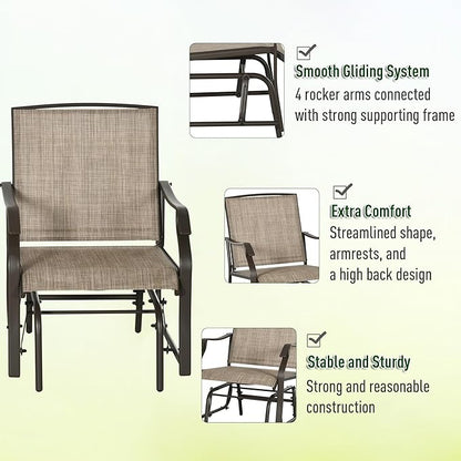 Outsunny 3 Piece Outdoor Glider Chair with Coffee Table Bistro Set, 2 Patio Rocking Swing Chairs with Breathable Sling Fabric, Glass Tabletop, for Backyard, Garden and Porch, Mixed Brown