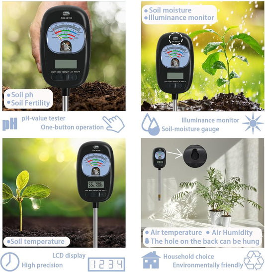 7-in-one Soil Test Kit, Soil Moisture Meter/PH Meter/Sunlight Intensity/Fertility Soil Tester, LCD Display Air & Soil Hygrometer Temperature for Garden, Farm, Lawn Care Moisture Meter for Hous Plants